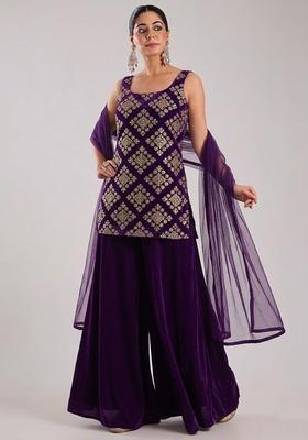 Deep Purple Embroidered Crepe Sharara Set
