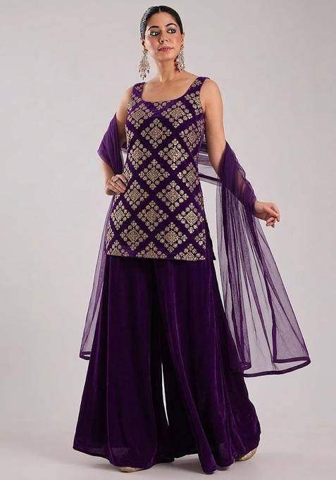 Deep Purple Embroidered Crepe Sharara Set