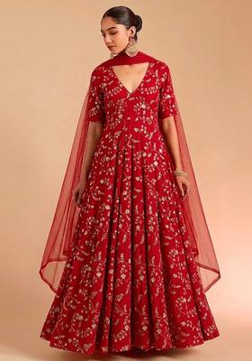 Crimson Red Embroidered Crepe Anarkali with Dupatta