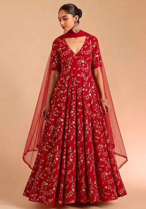 Crimson Red Embroidered Crepe Anarkali with Dupatta