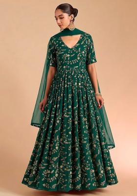 Bottle Green Embroidered Crepe Anarkali with Dupatta