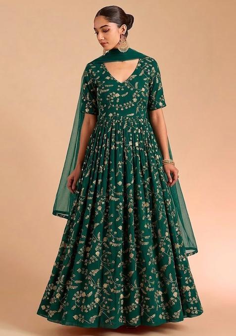 Bottle Green Embroidered Crepe Anarkali with Dupatta