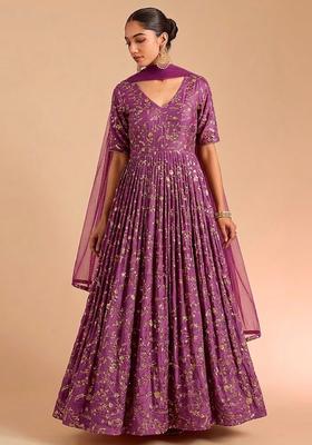 Purple Embroidered Crepe Anarkali with Dupatta