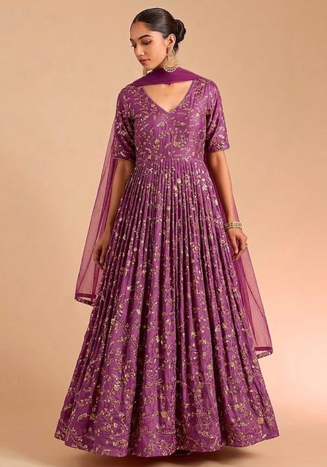 Purple Embroidered Crepe Anarkali with Dupatta