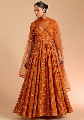 Burnt Orange Embroidered Crepe Anarkali with Dupatta