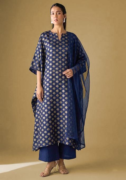 Navy Blue Brocade Kurta Set
