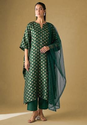 Bottle Green Brocade Kurta Set