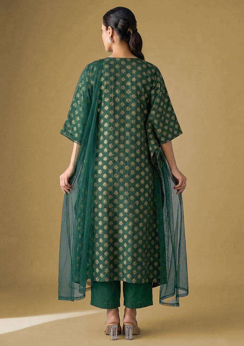 Bottle Green Brocade Kurta Set - Indya