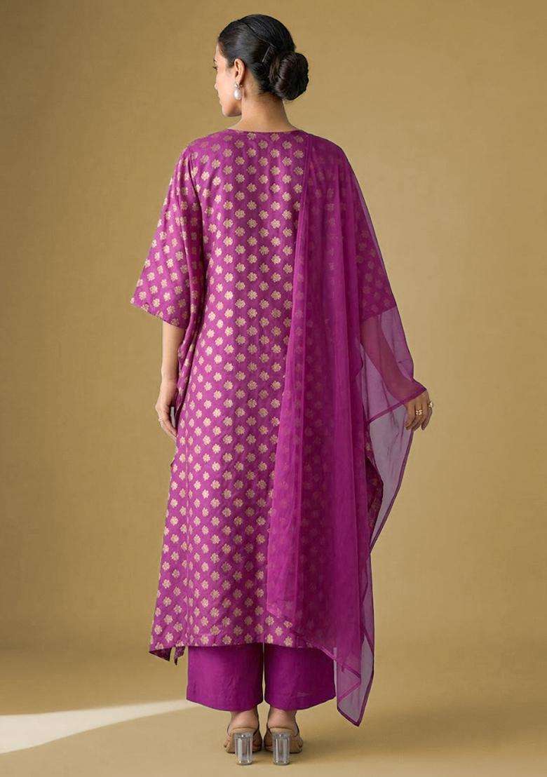Magenta Purple Brocade Kurta Set - Indya
