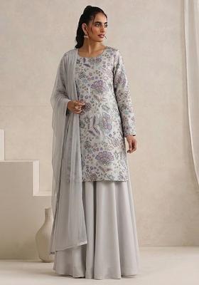 Light Grey Printed Crepe Sharara Set