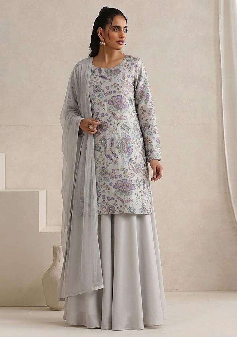 Light Grey Printed Crepe Sharara Set - Indya