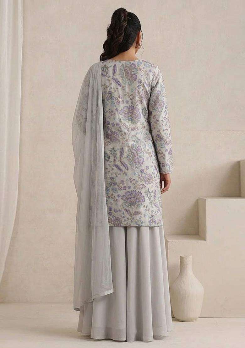 Light Grey Printed Crepe Sharara Set - Indya