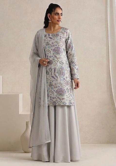 Light Grey Printed Crepe Sharara Set