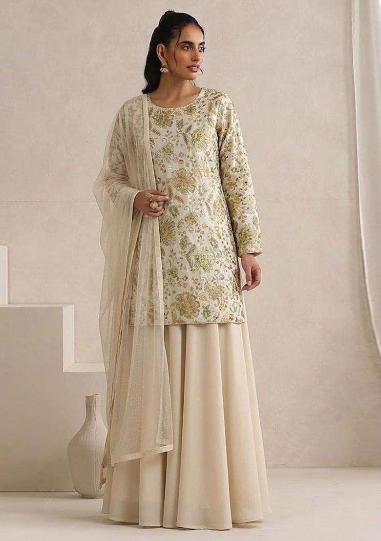 Beige Printed Crepe Sharara Set - Indya