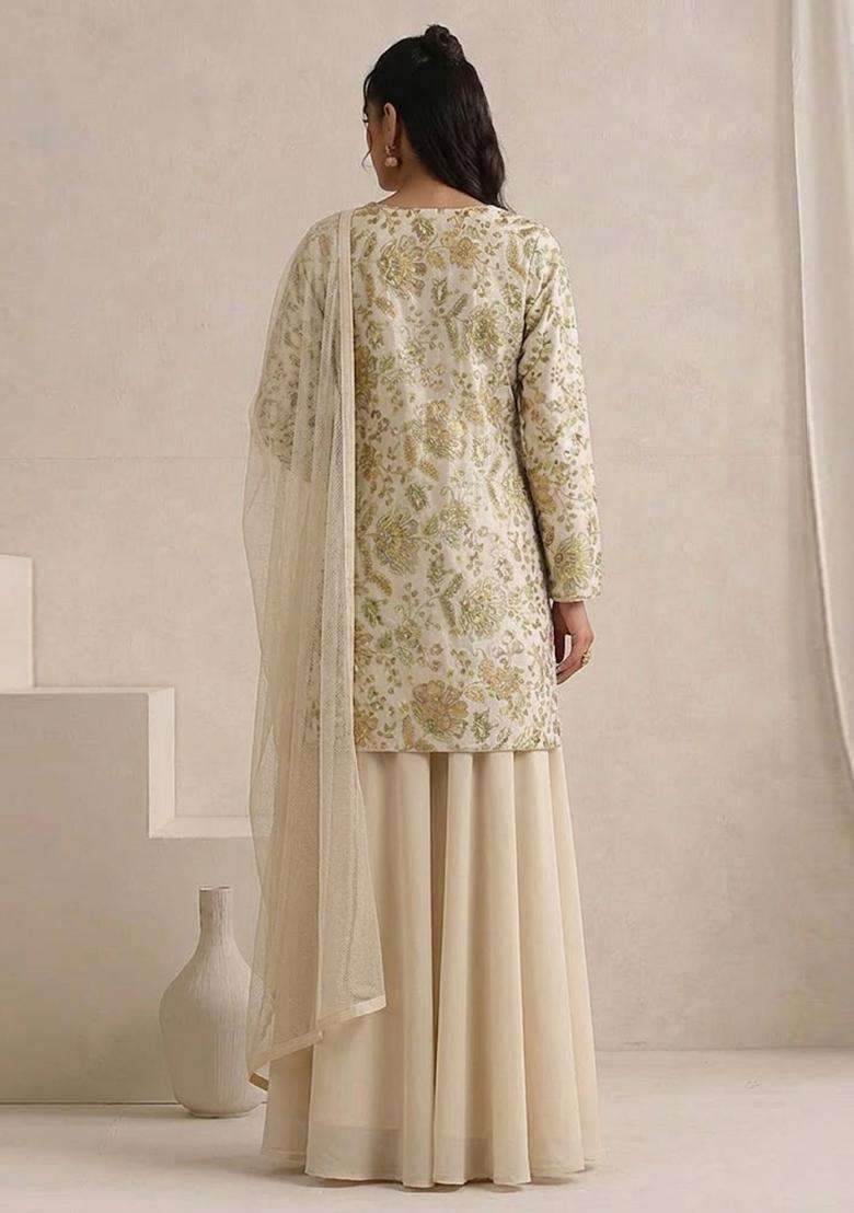 Beige Printed Crepe Sharara Set - Indya