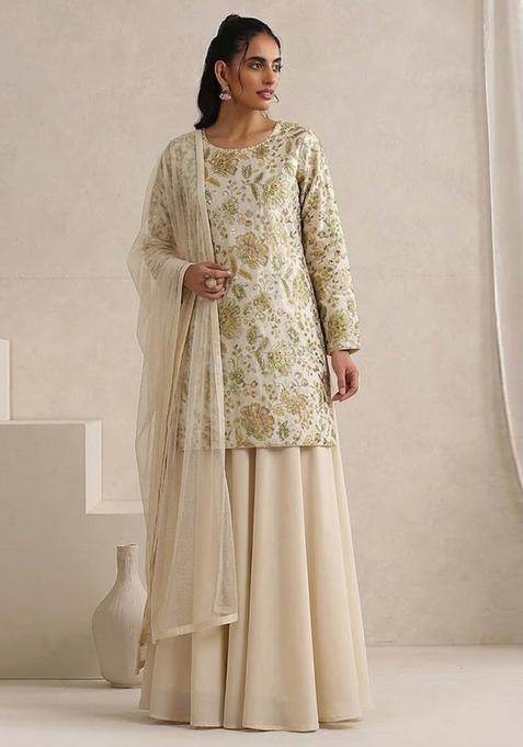 Beige Printed Crepe Sharara Set