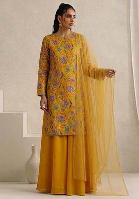 Mustard Printed Crepe Sharara Set
