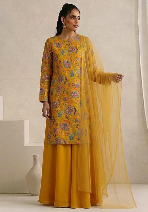 Mustard Printed Crepe Sharara Set