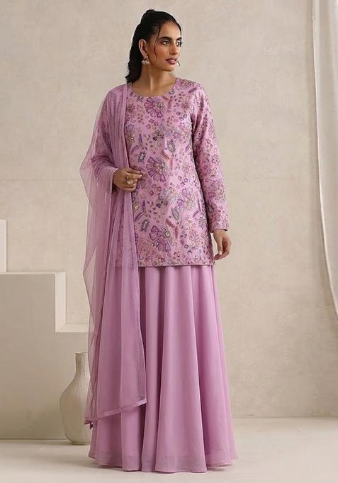 Pink Printed Crepe Sharara Set