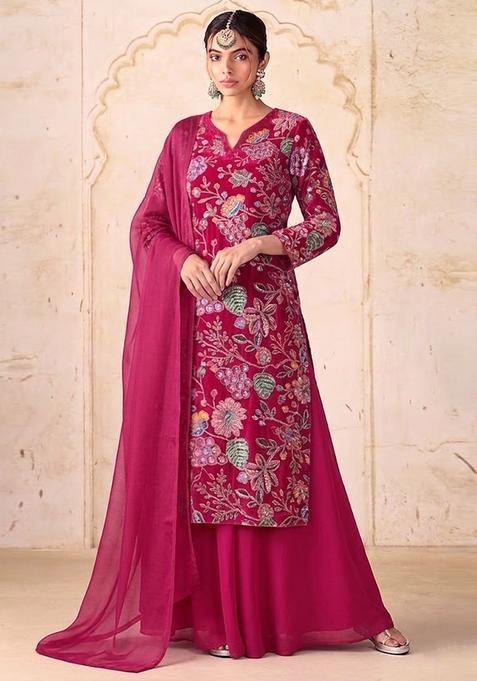Magenta Pink Printed Crepe Kurta Set