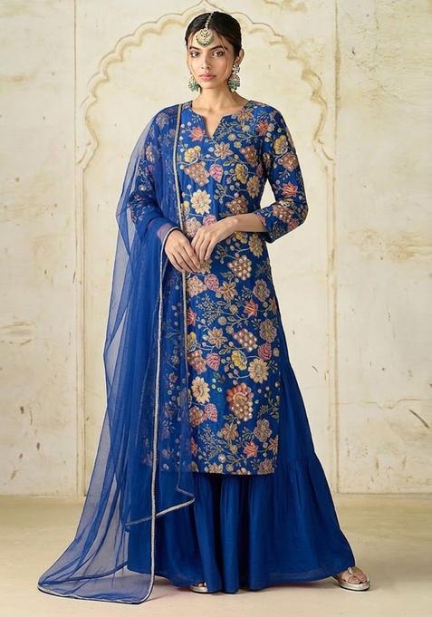 Royal Blue Printed Crepe Kurta Set