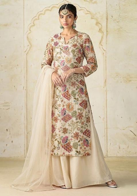Beige Printed Crepe Kurta Set