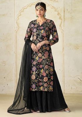 Jet Black Printed Crepe Kurta Set