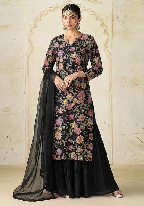 Jet Black Printed Crepe Kurta Set