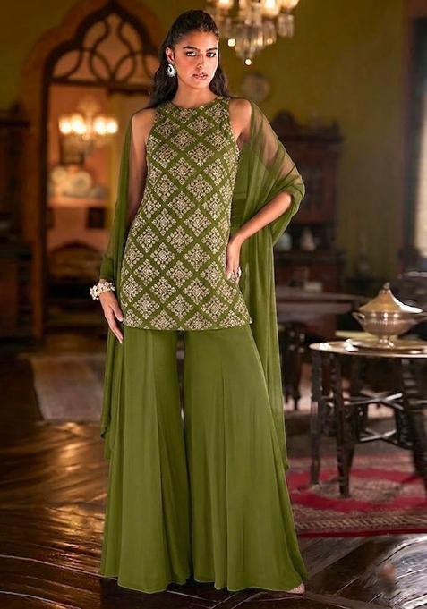 Mehendi Green Embroidered Crepe Sharara Set