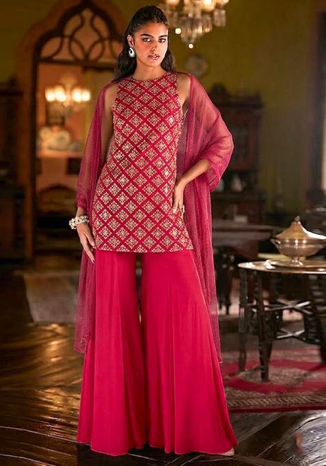 Hot Pink Embroidered Crepe Sharara Set
