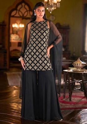 Jet Black Embroidered Crepe Sharara Set
