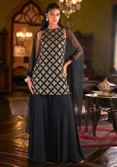 Jet Black Embroidered Crepe Sharara Set