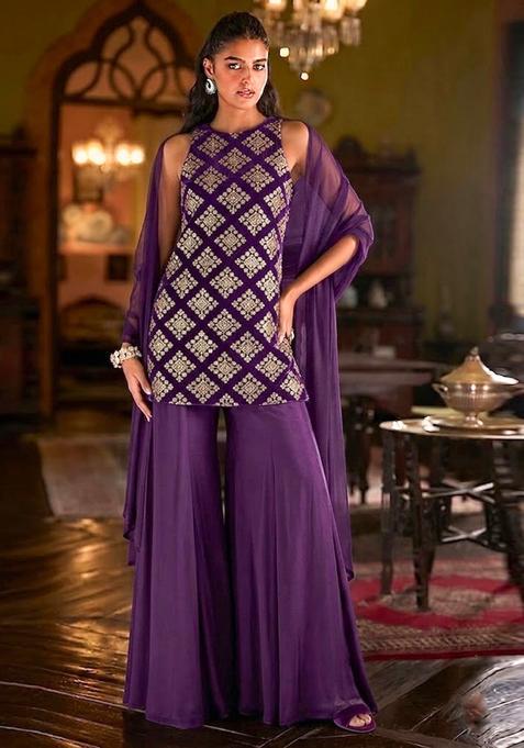 Royal Purple Embroidered Crepe Sharara Set