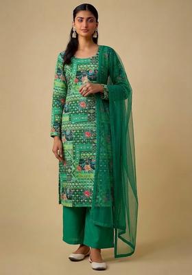 Bottle Green Printed Crepe Kurta Set