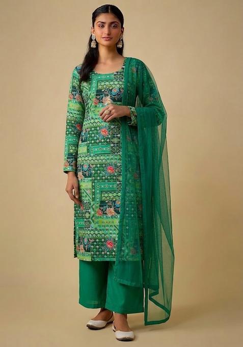 Bottle Green Printed Crepe Kurta Set