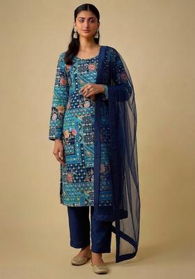 Navy Blue Printed Crepe Kurta Set