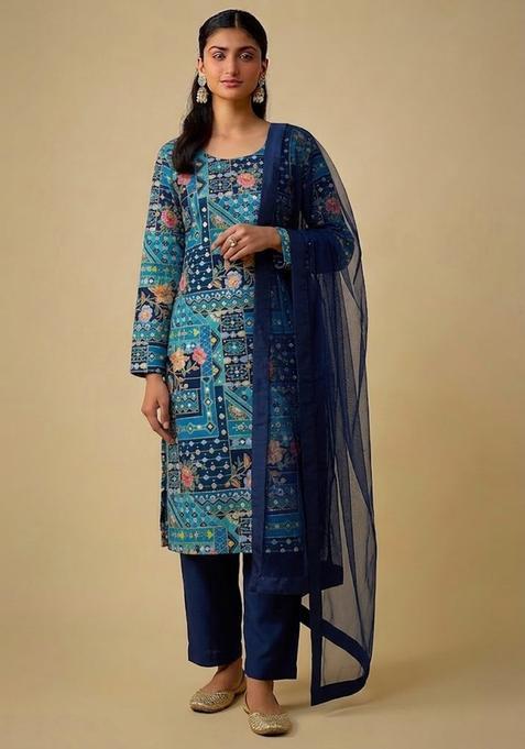 Navy Blue Printed Crepe Kurta Set
