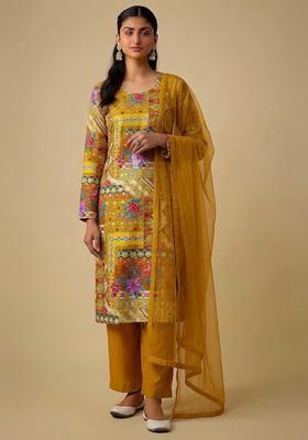 Mustard Printed Crepe Kurta Set