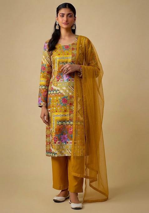 Mustard Printed Crepe Kurta Set