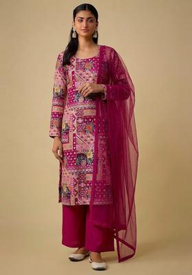 Magenta Pink Printed Crepe Kurta Set