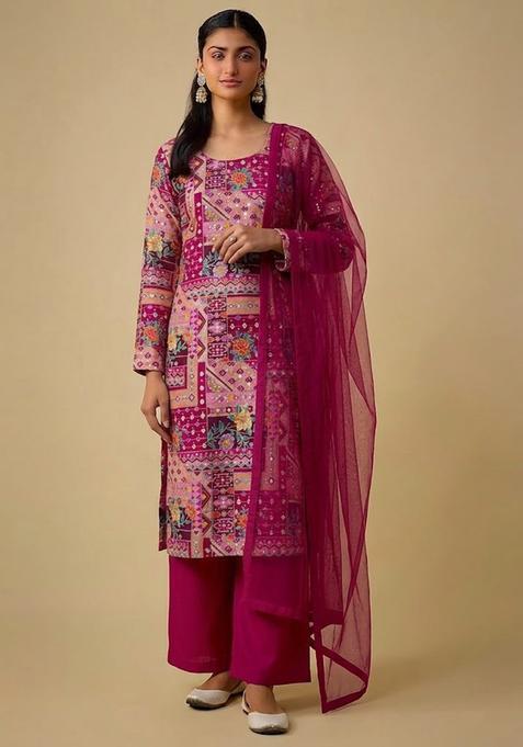 Magenta Pink Printed Crepe Kurta Set