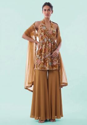 Coffee Brown Printed Crepe Sharara Set