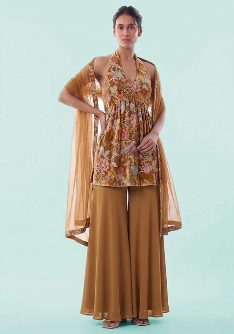 Coffee Brown Printed Crepe Sharara Set