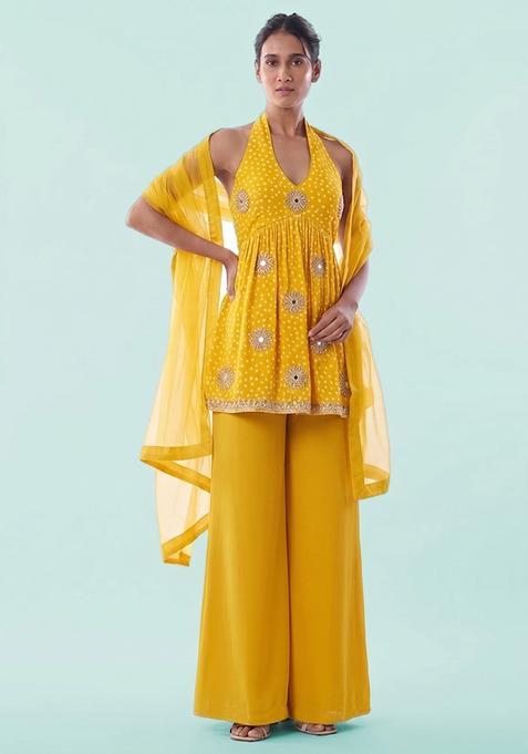 Bright Yellow Printed Crepe Sharara Set