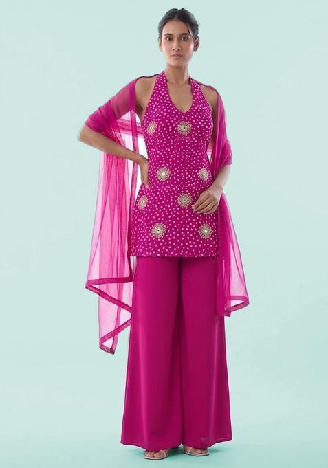 Hot Pink Printed Crepe Sharara Set