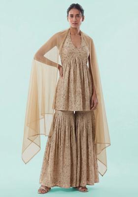 Golden Beige Embroidered Net Sharara Set