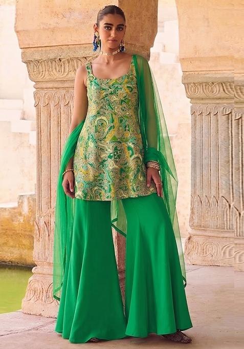 Green Printed Chanderi Sharara Set