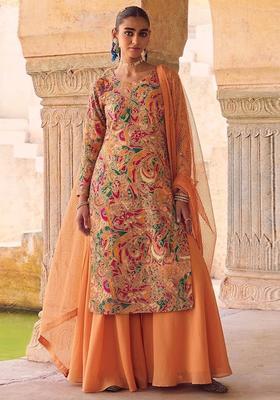 Peach Orange Printed Chanderi Sharara Set