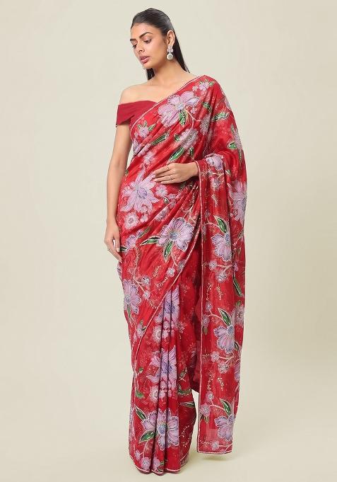 Crimson Red Printed Tissue Pre Draped Saree Set