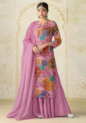 Lilac Pink Printed Crepe Sharara Set